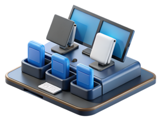 A modern point of sale terminal with multiple screens and payment devices isolated on transparent background