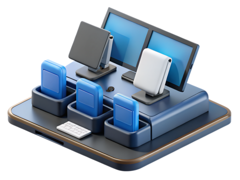 A modern point of sale terminal with multiple screens and payment devices isolated on transparent background - Powered by Adobe