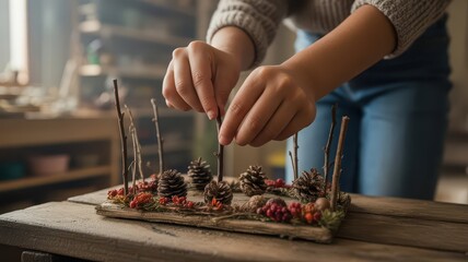 Person crafting a handmade autumn decoration with pinecones and twigs  