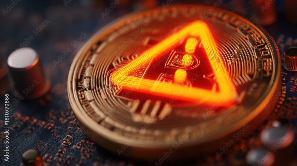 Poster unique bitcoin coin featuring red triangle signifying alerts and notifications in the evolving block