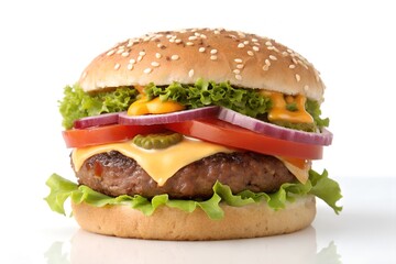 Juicy beef cheeseburger with fresh vegetables and sesame bun isolated on a white background