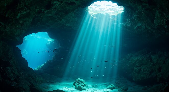 Mystical Underwater Cave Diving with Sunlight Rays and Marine Life – Crystal Clear Waters. - Powered by Adobe