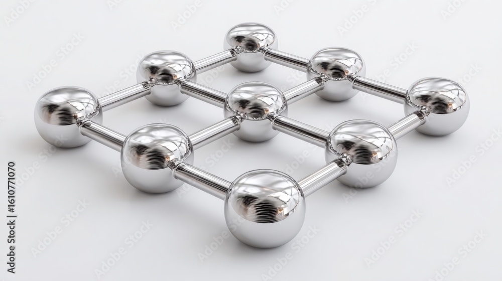 Poster a unique metal structure featuring multiple spheres arranged in a complex design showcasing modern a