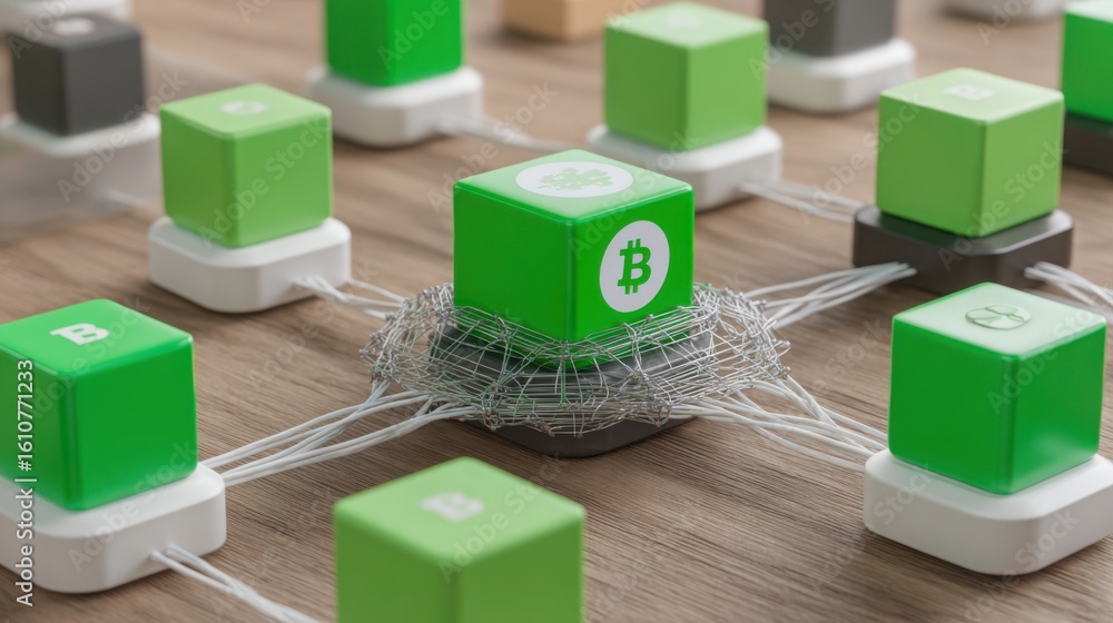 Poster collection of green cubes forming an abstract graphic representation of quantum blockchain interlink