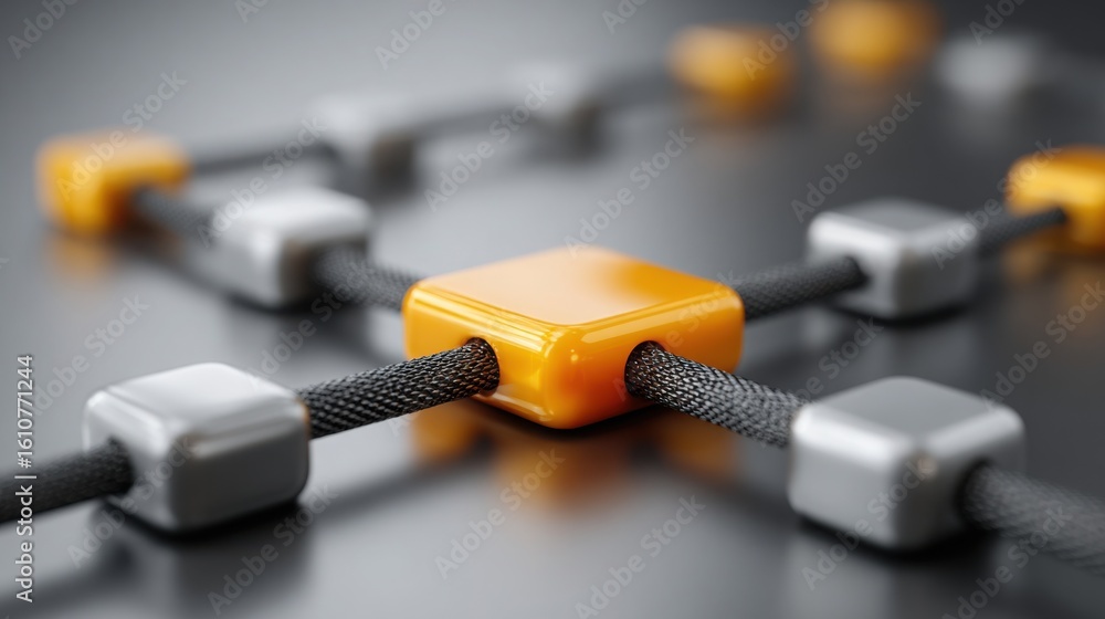 Poster yellow cube with black rope illustrating real-time monitoring concepts in quantum blockchain node te