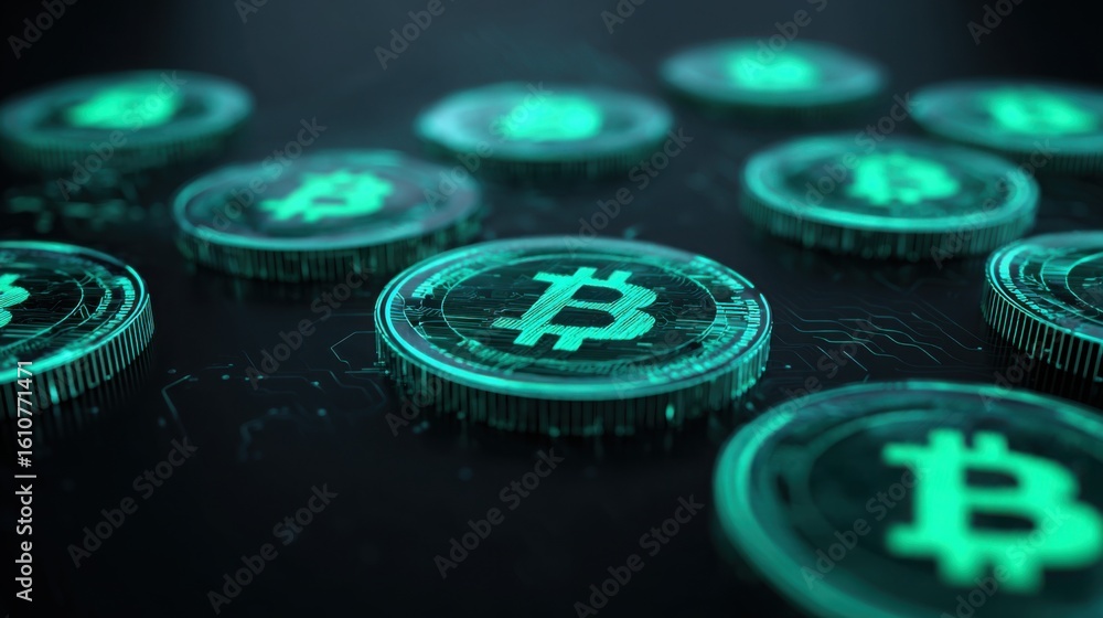 Aufkleber bitcoin coin with quantum blockchain overlay concept for advanced user interface visual representati