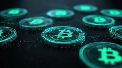 Bitcoin coin with quantum blockchain overlay concept for advanced user interface visual representation