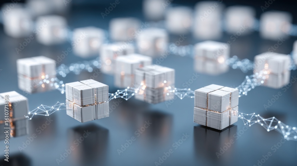 Poster abstract representation of quantum blockchain validator icon with white cubes arranged in a line for