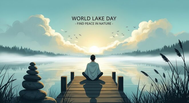 World Lake Day Banner with Person Meditating at Sunrise