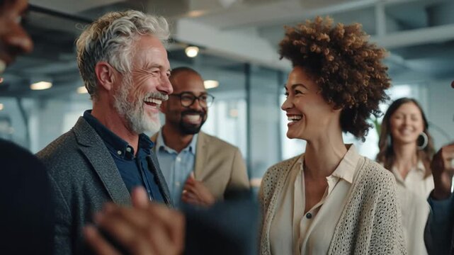 Joyful Moment in the Office: A group of diverse colleagues beams with shared laughter and camaraderie in a modern office setting. capturing genuine emotions and the bond of teamwork