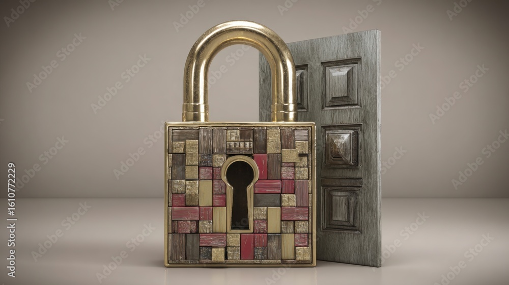 Poster classic padlock with key symbolizing security and trust in the multi-layered authentication process 