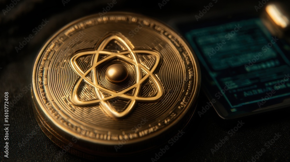 Poster golden coin positioned with smartphone in background illustrating digital currency integration with 