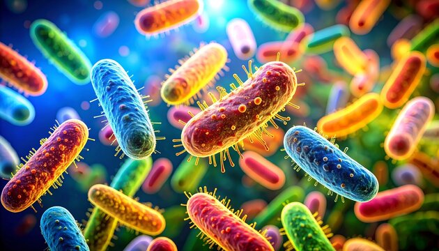 Microscopic close-up reveals vibrant bacteria swirling gracefully in liquid, glowing under light, showcasing the dynamic beauty and complexity of microbial life in a fluid ecosystem