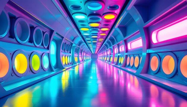 Futuristic neon corridor with glowing lights - Powered by Adobe