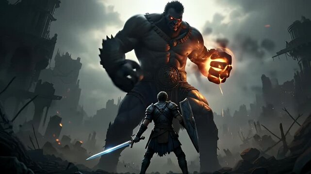 A colossal titan confronts a lone warrior amidst a ravaged, apocalyptic landscape.