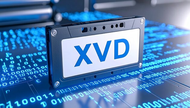 Close-up of a data tape labeled XVD surrounded by glowing binary code streams, cold lighting with metallic surfaces in the background 