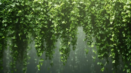Fototapeta premium Lush green ivy vines hanging down, creating a natural, textured backdrop.