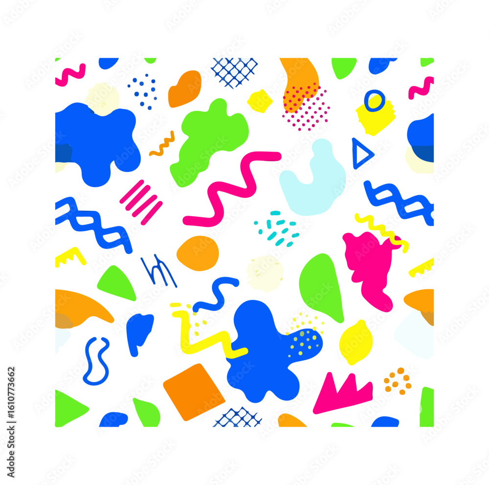 Poster an abstract pattern featuring colorful shapes and lines scattered on a white background