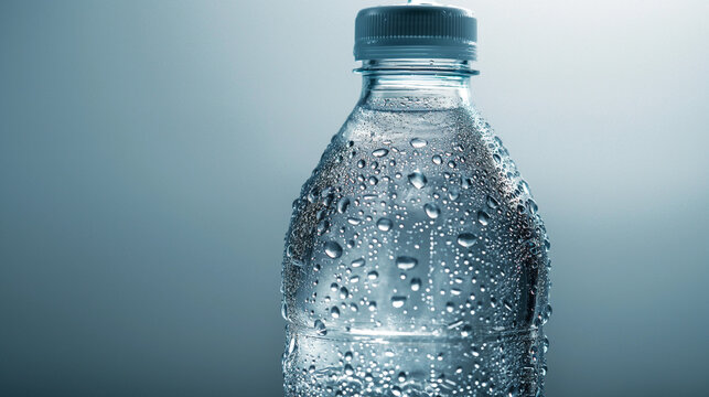 Clear plastic bottle filled with sparkling water and condensation