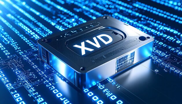 Close-up of a data tape labeled XVD surrounded by glowing binary code streams, cold lighting with metallic surfaces in the background 