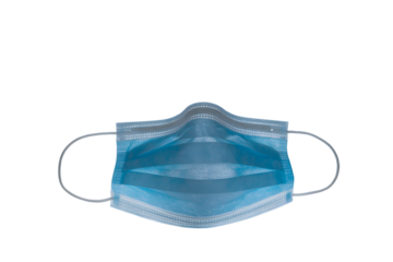 Close up of a blue surgical face mask with ear loops used for protection against viruses on transparent background