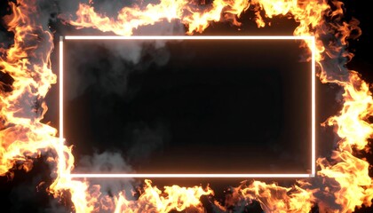 Glowing rectangle framed by fiery flames and smoke on black background
