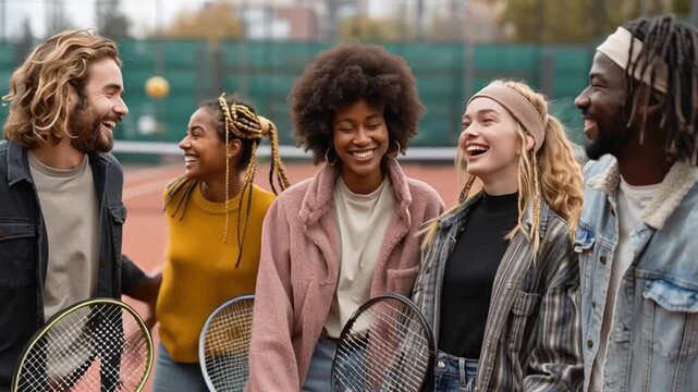 Tennis Court Camaraderie: A diverse group of tennis enthusiasts share laughter and joy on a sunny tennis court. They're holding tennis racquets, embodying active lifestyle and sportsmanship.