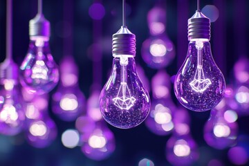 electricity current sustainability Concept. Hanging light bulbs illuminated with purple bokeh background.