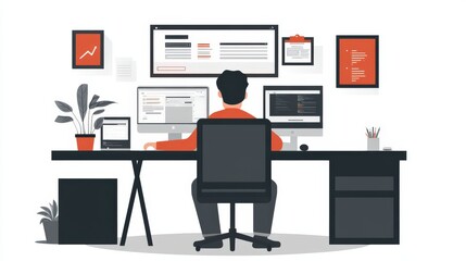 Person working at a desk with multiple computer screens.