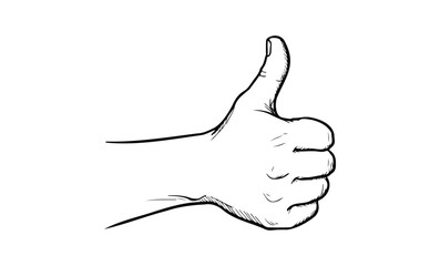 Black and white line drawing of a hand giving a thumbs up gesture. Vector retro hand drawn illustration