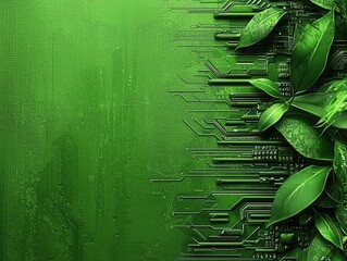 nature conservation concept. Green circuitry blended with leaves, symbolizing nature and technology.