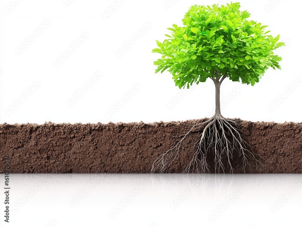 Poster nature conservation concept. tree with roots displayed above soil in a minimalist design.