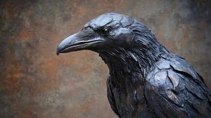 Fototapeta premium Close-up of a dark bronze raven sculpture against a textured background.