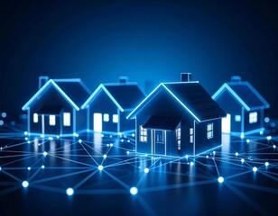 Glowing houses connected by a network grid