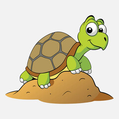 Cartoon turtle sitting on a mound of sand with big eyes