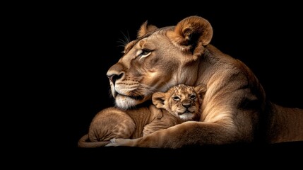 Portrait of a protective female lion gently resting beside her cub isolated on a dark black background in dramatic wildlife concept




