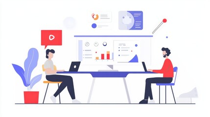 Two people working at a table, reviewing data.