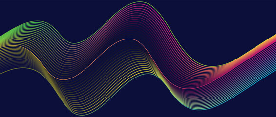 Vibrant Neon Gradient Wave Lines on Dark Blue Background Futuristic Colorful Flowing Abstract Design for Digital Art and Tech Themes
