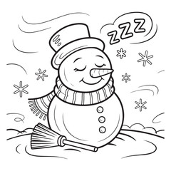 Sleeping snowman with hat and scarf in black and white line