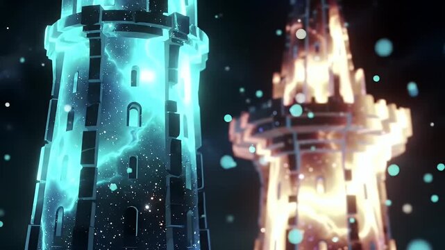 Two celestial fantasy towers of opposing elemental forces, a brilliant cyan lightning spire and a burning fire spire