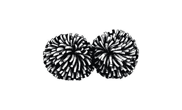 Black and white pom poms in symmetrical arrangement. Vector retro hand drawn illustration