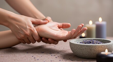 Closeup of hands receiving a wrist and palm massage amidst a bowl of lavender and soft blurred lit candles
