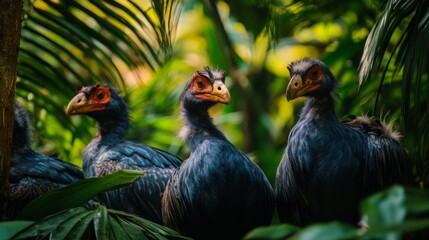 A group of exotic birds stands amidst vibrant green foliage. Each bird showcases unique features and colors. Discover the beauty of nature in this stunning scene. Generative AI