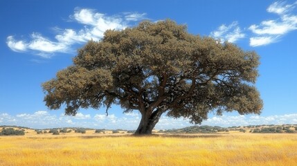 nature conservation concept. Large solitary tree against a blue sky with clouds and golden grass.