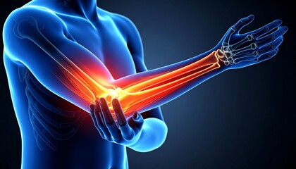 3D anatomical rendering of male elbow with highlighted pain