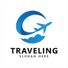 Travel logo with airplane and globe