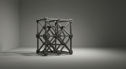 Complex dark metal cube frame with bolted connections in a minimalist grey corner room