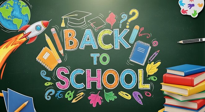 Back to School typography. Vector badges, labels and logos. School Background. Hand drawn lettering. Blackboard background with red apple, pencil, paper plane and chalk.
