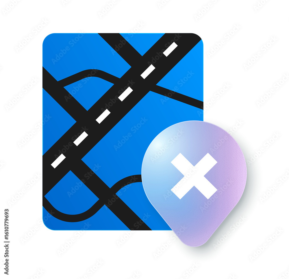 Poster modern app navigation error: blue map with purple cancel location pin