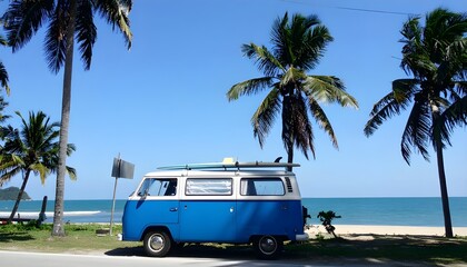 Classic blue van with surfboards on the roof parked by a tropical beach, surrounded by palm trees and a clear blue sky, capturing the essence of summer, freedom, and adventure.